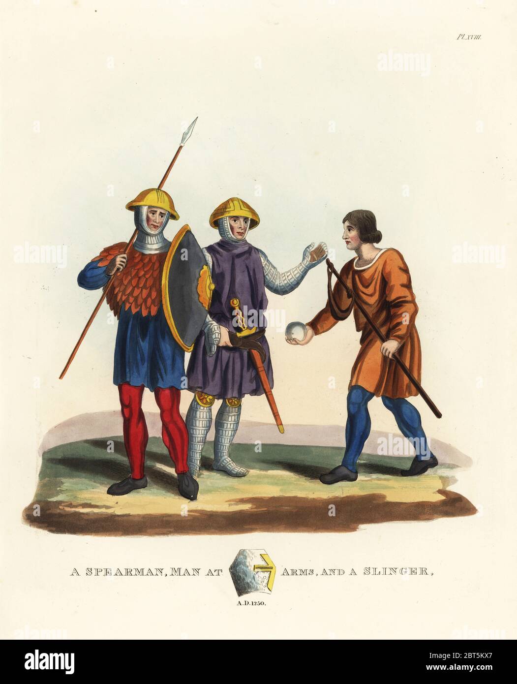 Ein spearman, man at arms und Fänger, 1250. Englische Infanterie, aus dem 13. Jahrhundert. Spearman und Soldat verschleiß Schüssel Helme und Kettenhemden Rüstung und Lanze, Schild und Schwert führen und den Fänger trägt einen Rock und Schleuder. Papierkörbe Lithographie nach einer Zeichnung von S.R. Meyrick von Sir Samuel Rush Meyrick ist eine kritische Untersuchung Antient Rüstung, John dowding, London, 1842. Stockfoto