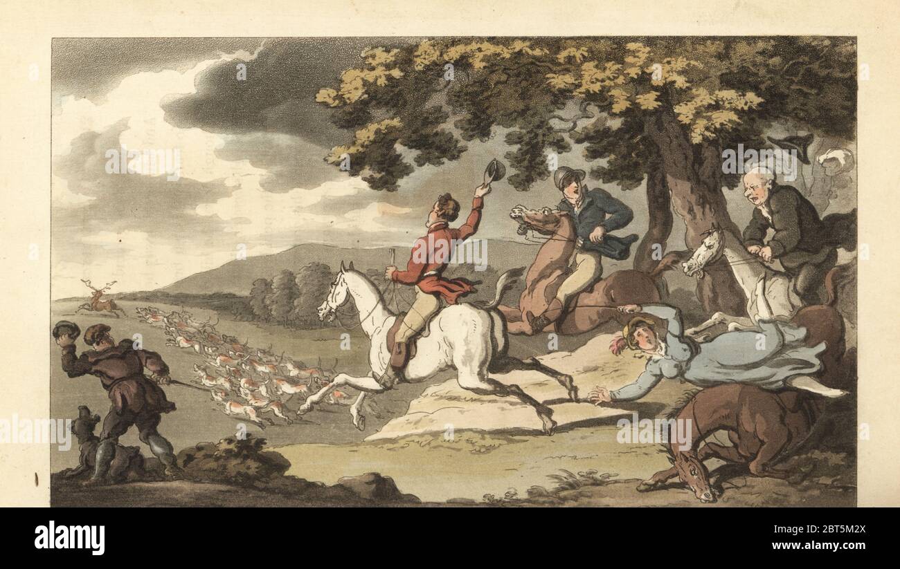 Junger englischer Herr, der mit Hunden auf einer Hirschjagd reitet. Eine Reiterin, die von einem Pferd geworfen wurde. IHandkolorierter Kupferstich nach einer Illustration von Thomas Rowlandson aus William Combes The Dance of Life, Rudolph Ackermann, London, 1817. Stockfoto