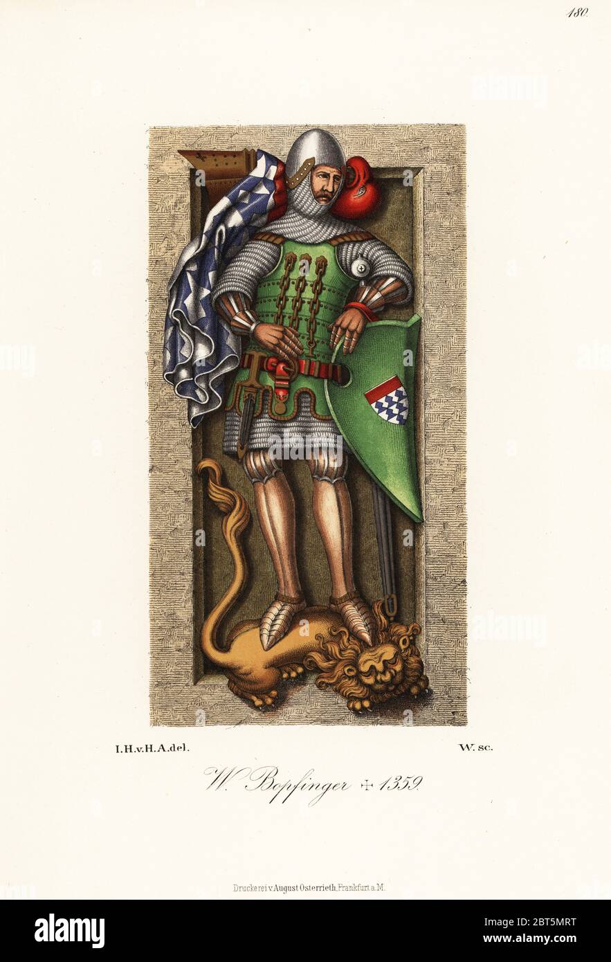 Walther Bopfinger, gestorben 1359, in Kettenhemd und Platte Rüstung, leder Tunika, mit Wappen auf den Schild mit Bouche. Aus einem Grab Bildnis in der St. Blasius Kirche in Bopfingen. Von Hefner-Alteneck Chromolithograph's Kostüme, Kunstwerke und Geräte vom Mittelalter bis in das 17. Jahrhundert, Frankfurt, 1889. Illustration von Dr. Jakob Heinrich von Hefner-Alteneck, Lithographiert von C.R. Dr. Hefner-Alteneck (1811 - 1903) war eine Deutsche, die die Kuratorin des Museums, Archäologe, Kunsthistoriker, Zeichner und Kupferstecher. Stockfoto