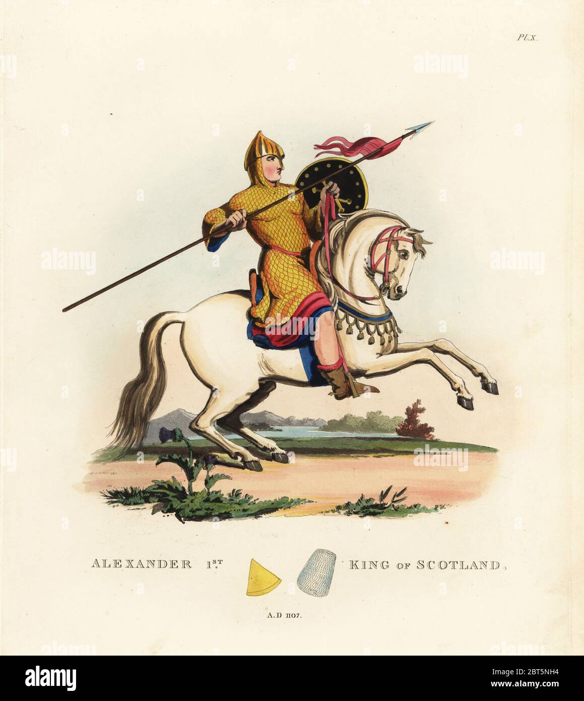 Alexander I, König von Schottland, 1107. Alexander der heftigen, 1078-1124. Er trägt einen Helm, kettenhemd Tunika mit Kapuze, reitet ein Pferd und trägt eine Lanze mit Wimpel und targe Schild. Papierkörbe Lithographie nach einer Zeichnung von S.R. Meyrick von Sir Samuel Rush Meyrick ist eine kritische Untersuchung Antient Rüstung, John dowding, London, 1842. Stockfoto
