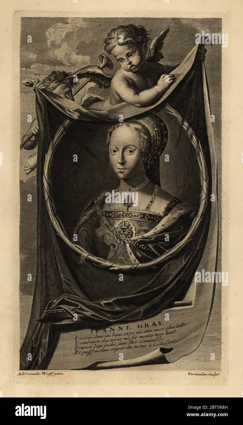 Porträt von Lady Jane Gray, neun Tage Königin von England, Jeanne Gray. In französischer Haube Kopfschmuck. Mit zwei weinenden Putten, die eine Trompete halten und die Schwalben. Kupferstich von Cornelis Vermeulen nach Adriaen van der Werff aus Isaac de Larreys Histoire dAngleterre, dEcosse et dIrlande, Reinier leer, Rotterdam, 1713. Stockfoto