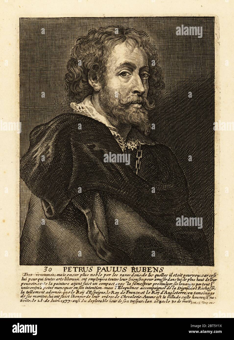 Porträt von Sir Peter Paul Rubens, flämischer Künstler und Diplomat, 1577-1640. Petrus Paulus Rubens. Kupferstich nach einem Selbstporträt von Rubens, erschienen in Johannes Meyssens' Image de divers hommes d'esprit sublime, Antwerpen, 1649. Stockfoto