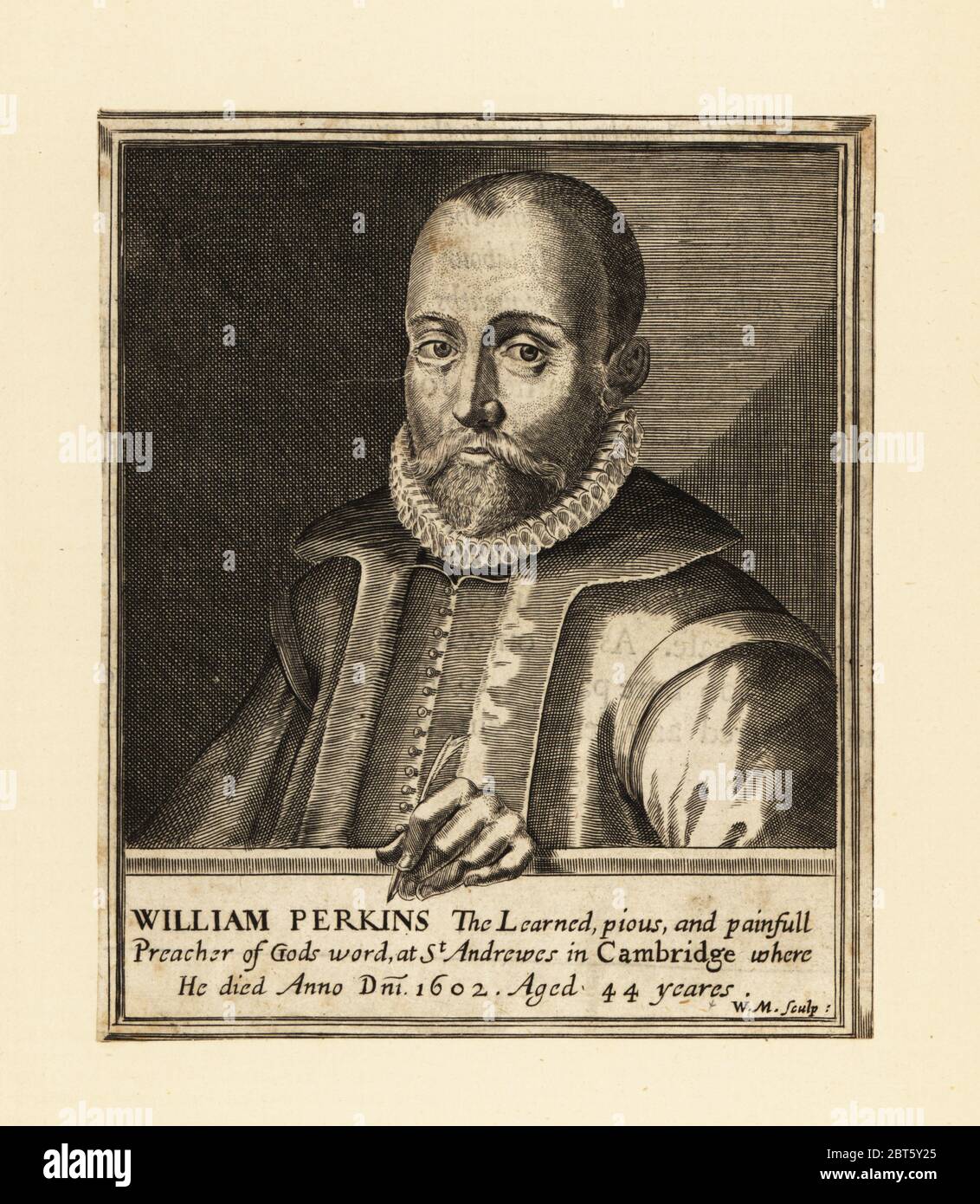 Porträt von William Perkins, englischer Kleriker und Cambridge Theologe, 1558–1602. Die gelehrte, fromme und schmerzhafte Prediger der Götter Wort in St. Andrewes in Cambridge, wo er starb 1602, im Alter von 44 Jahren. W. M. Sculpt. Kupferstich von William Marshall nach einem unbekannten Künstler, erschienen 1642 in London. Stockfoto