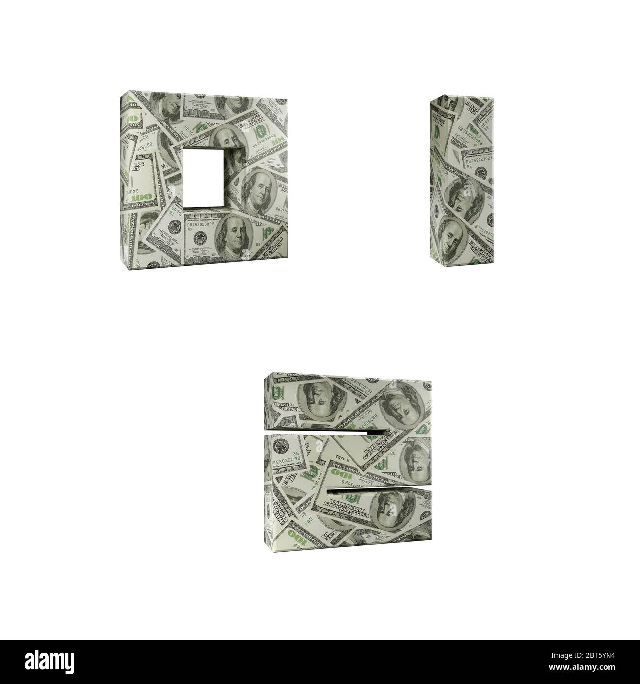 3D Alphabet umwickelt mit 100 USD Dollar Banknoten, Ziffern 0-2 über weißem Hintergrund Stockfoto