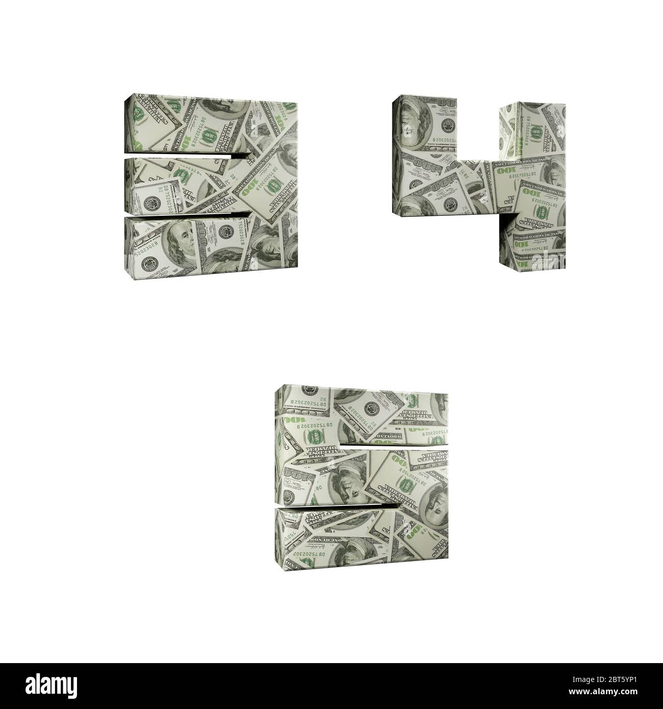 3D Alphabet umwickelt mit 100 USD Dollar Banknoten, Ziffern 3-5 über weißem Hintergrund Stockfoto