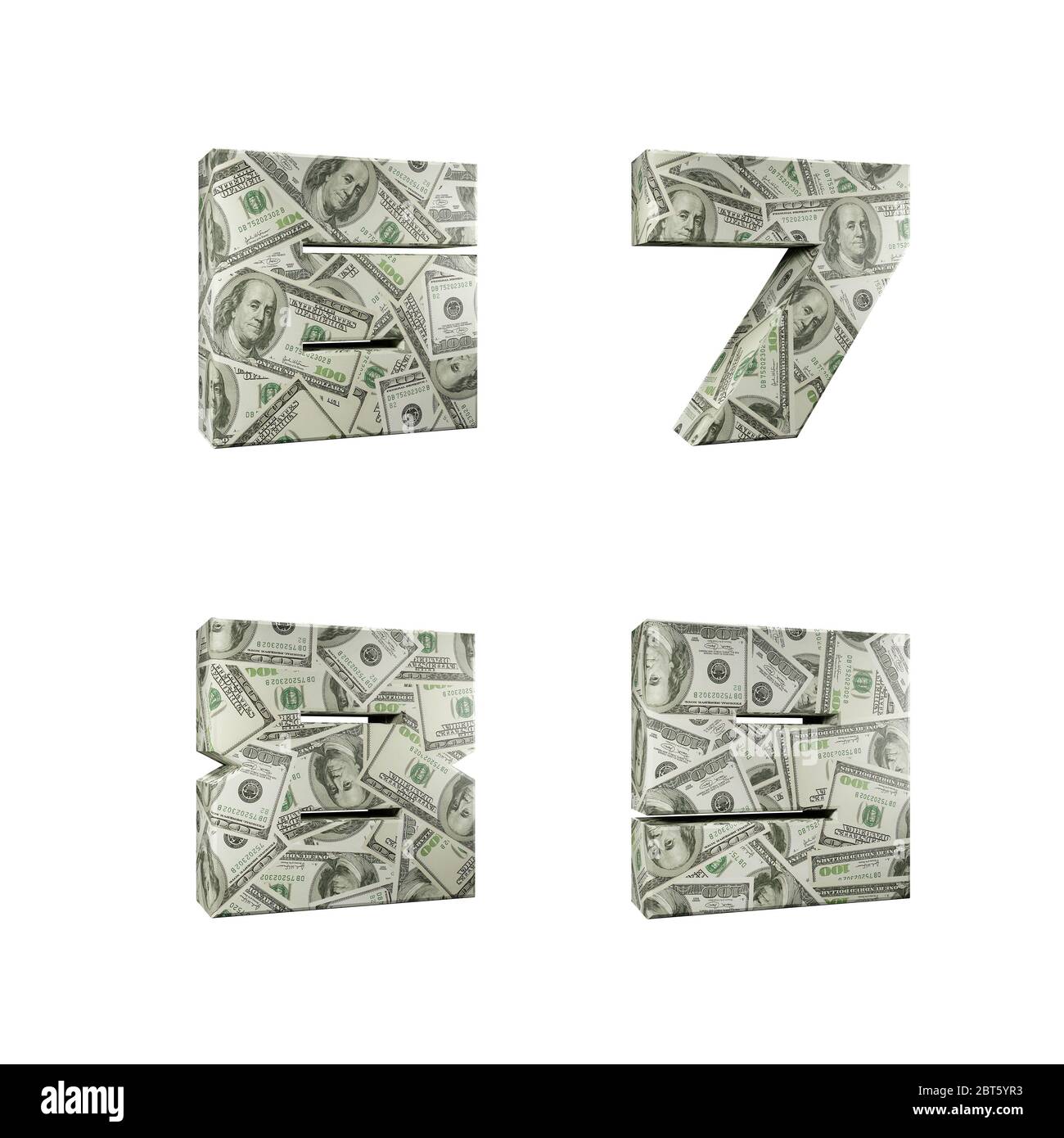 3D Alphabet umwickelt mit 100 USD Dollar Banknoten, Ziffern 6-9 über weißem Hintergrund Stockfoto