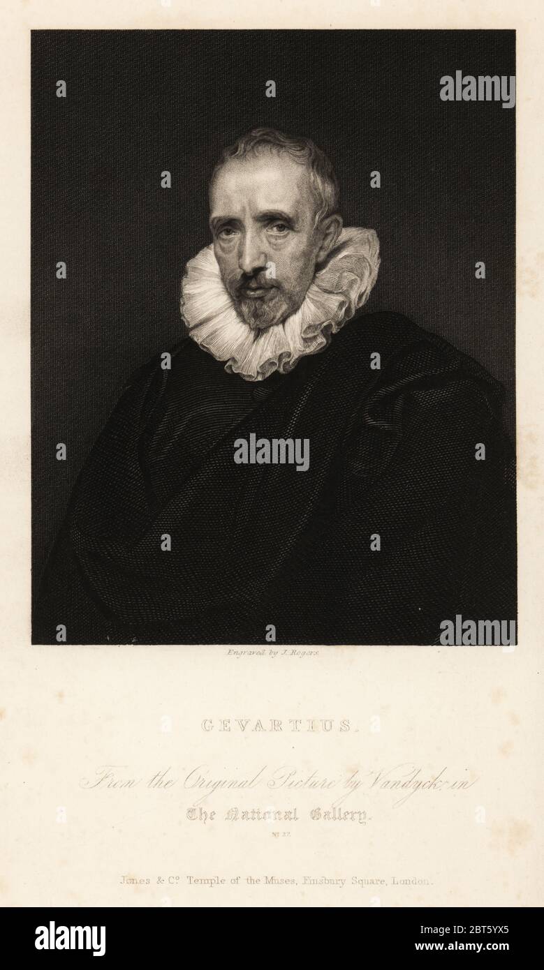 Porträt von John Gaspar Gevartius oder Jan Caspar Gevaerts, Jurist von Antwerpen und Philologe, 1593-1666. Gevartius. Stahlstich von J. Rogers nach einem Porträt von Sir Anthony van Dyck aus der National Gallery of Pictures by the Great Masters, herausgegeben von Jones and Co., Temple of the Muses, Finsbury Square, London, 1836. Stockfoto