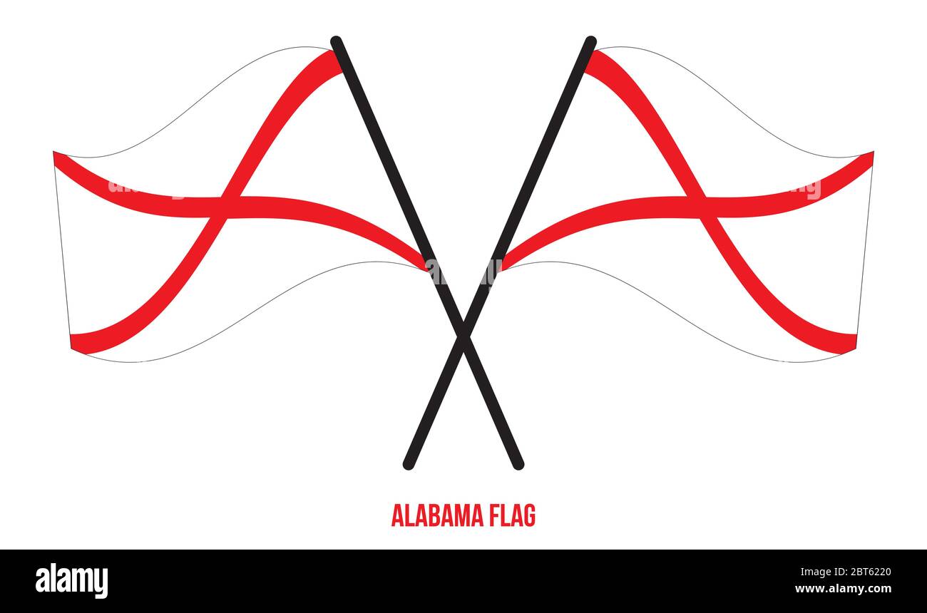 Zwei Gekreuzte Winkende Alabama-Flagge Auf Isoliertem Weißem Hintergrund. USA (USA) Flagge Vektor Illustration. Stock Vektor