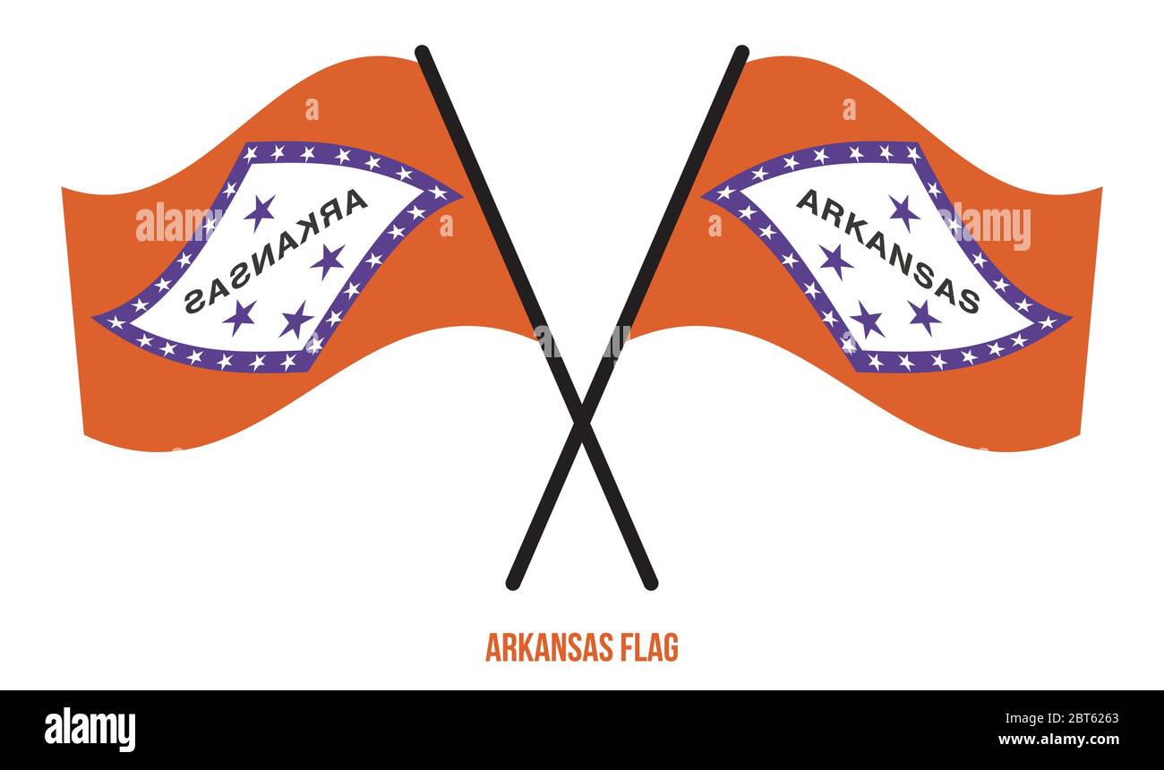 Zwei Gekreuzte Winkende Arkansas Flagge Auf Isoliertem Weißem Hintergrund. USA (USA) Flagge Vektor Illustration. Stock Vektor