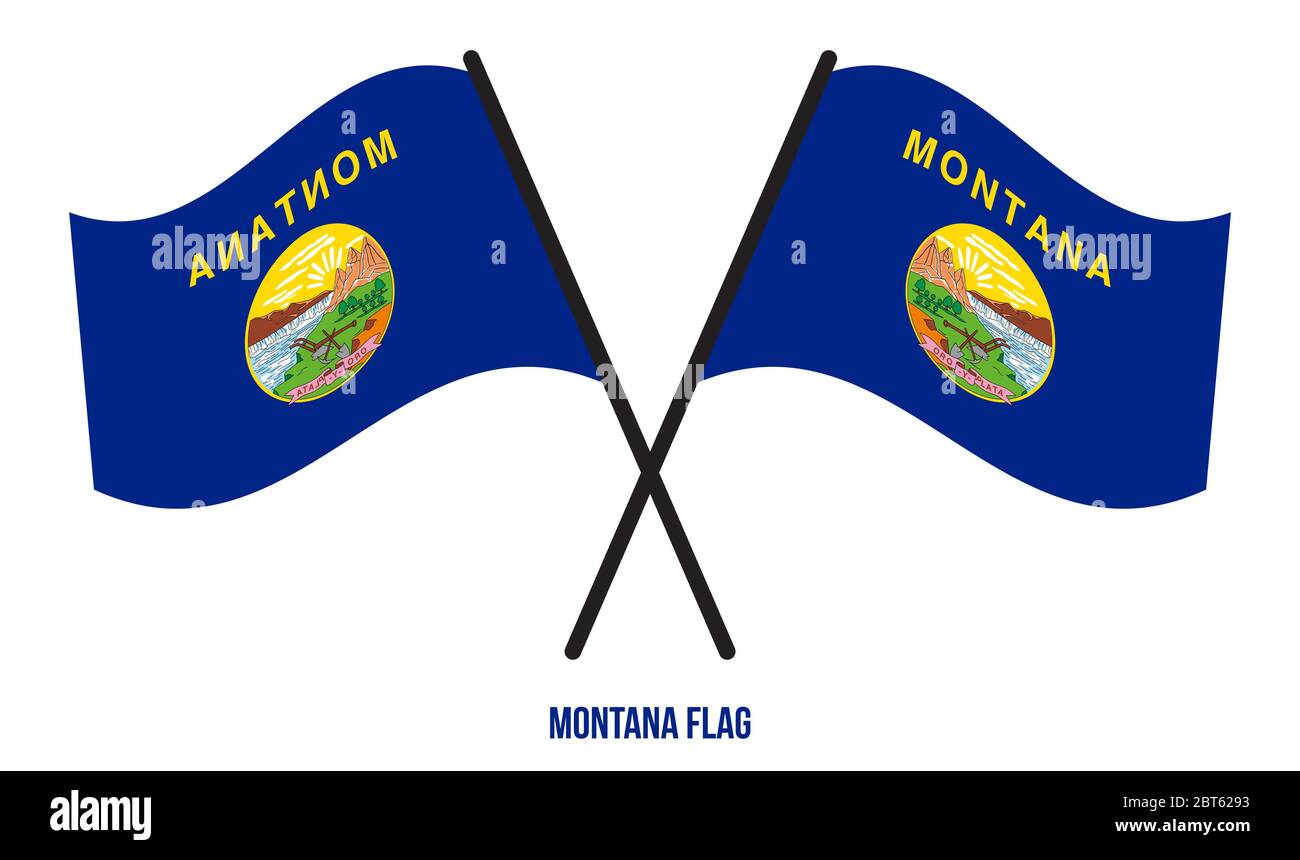 Zwei Gekreuzte Winkende Montana Flagge Auf Isoliertem Weißem Hintergrund. USA (USA) Flagge Vektor Illustration. Stock Vektor