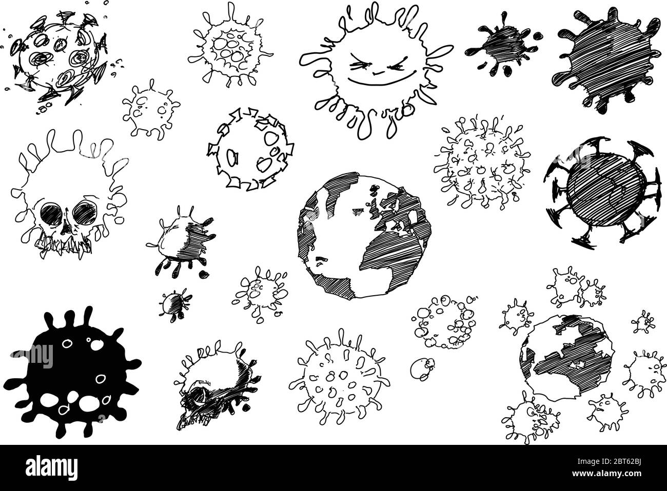 Viele handgezeichnete Skizzen Coronavirus und Planet Erde und Schädel und Viren angreifen Planeten Stock Vektor