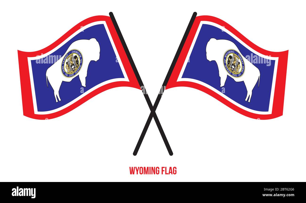 Zwei Gekreuzte Winkende Wyoming Flagge Auf Isoliertem Weißem Hintergrund. USA (USA) Flagge Vektor Illustration. Stock Vektor