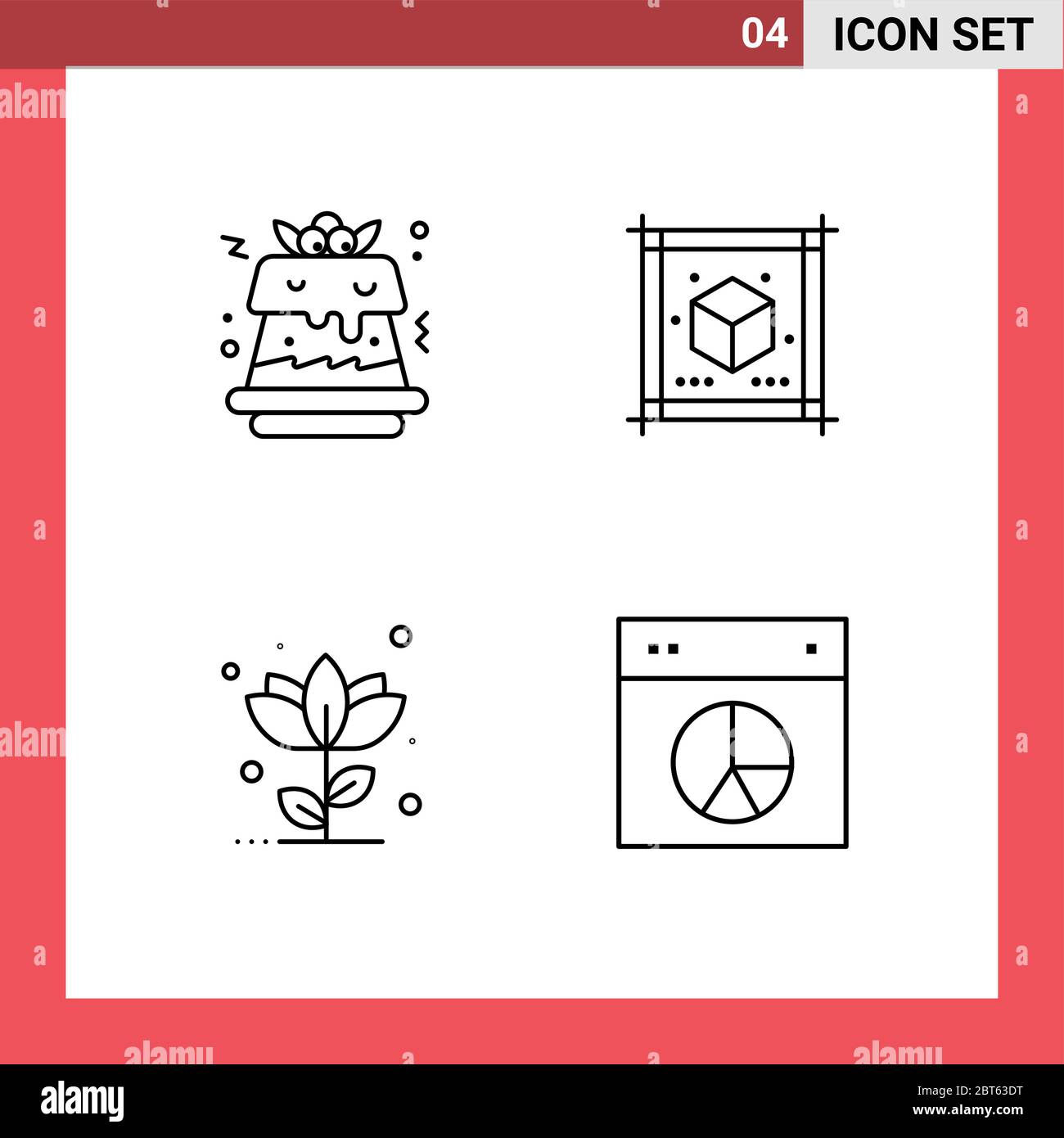 Line Pack mit 4 Universal Symbole von Kuchen, Blume, Würfel, Blatt, Rose editierbar Vektor Design-Elemente Stock Vektor