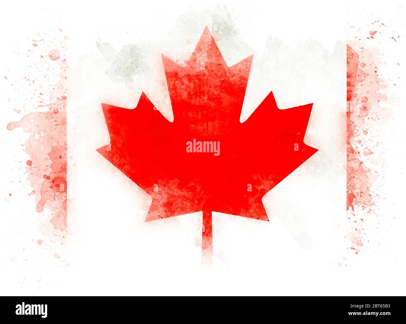 Illustration, Flagge Kanadas mit rotem Ahorn isoliert auf weißem Papier als Aquarell Stockfoto
