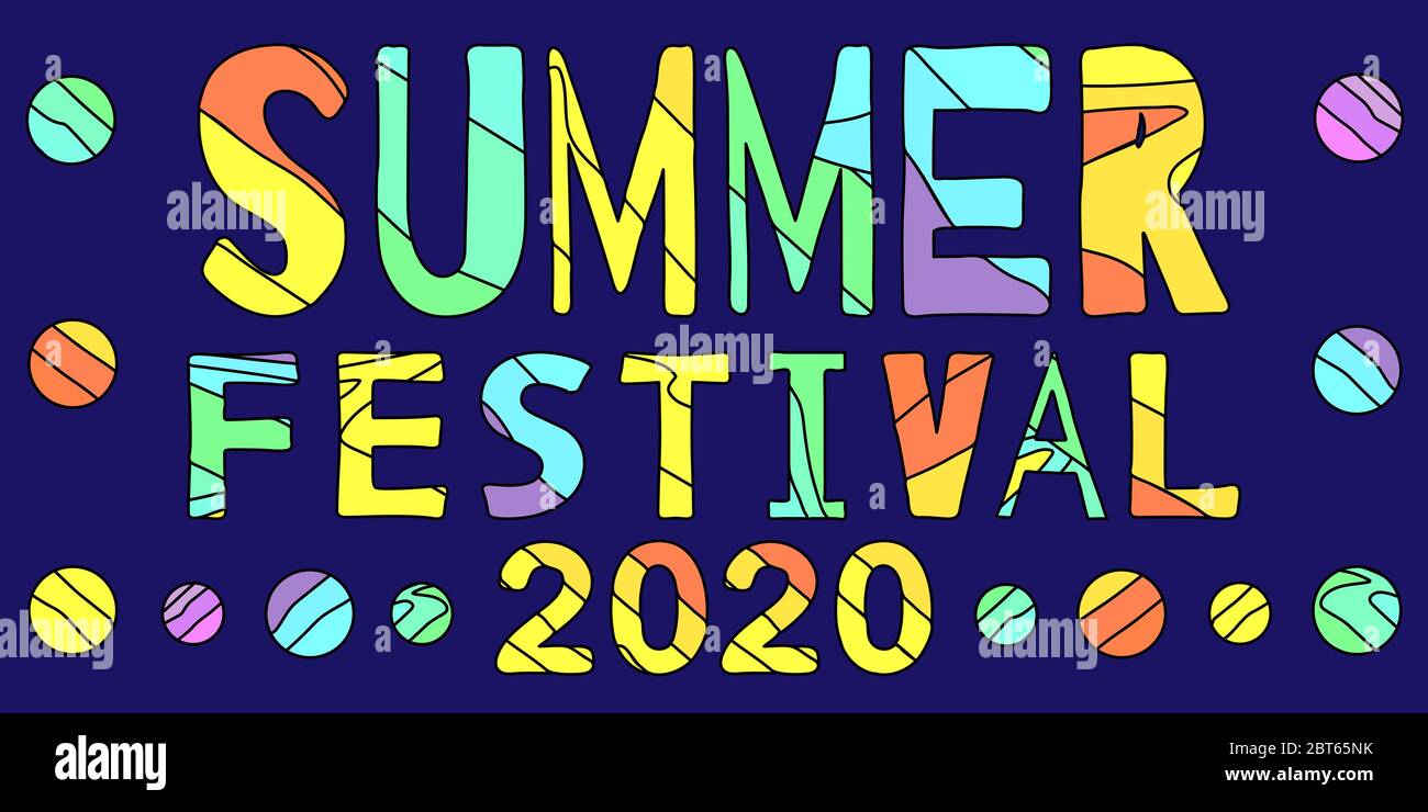 Sommerfest 2020 - lustige Cartoon-Inschrift und bunte Kreise. Inschrift für Banner, Poster und Drucke auf Kleidung (T-Shirts). Stock Vektor