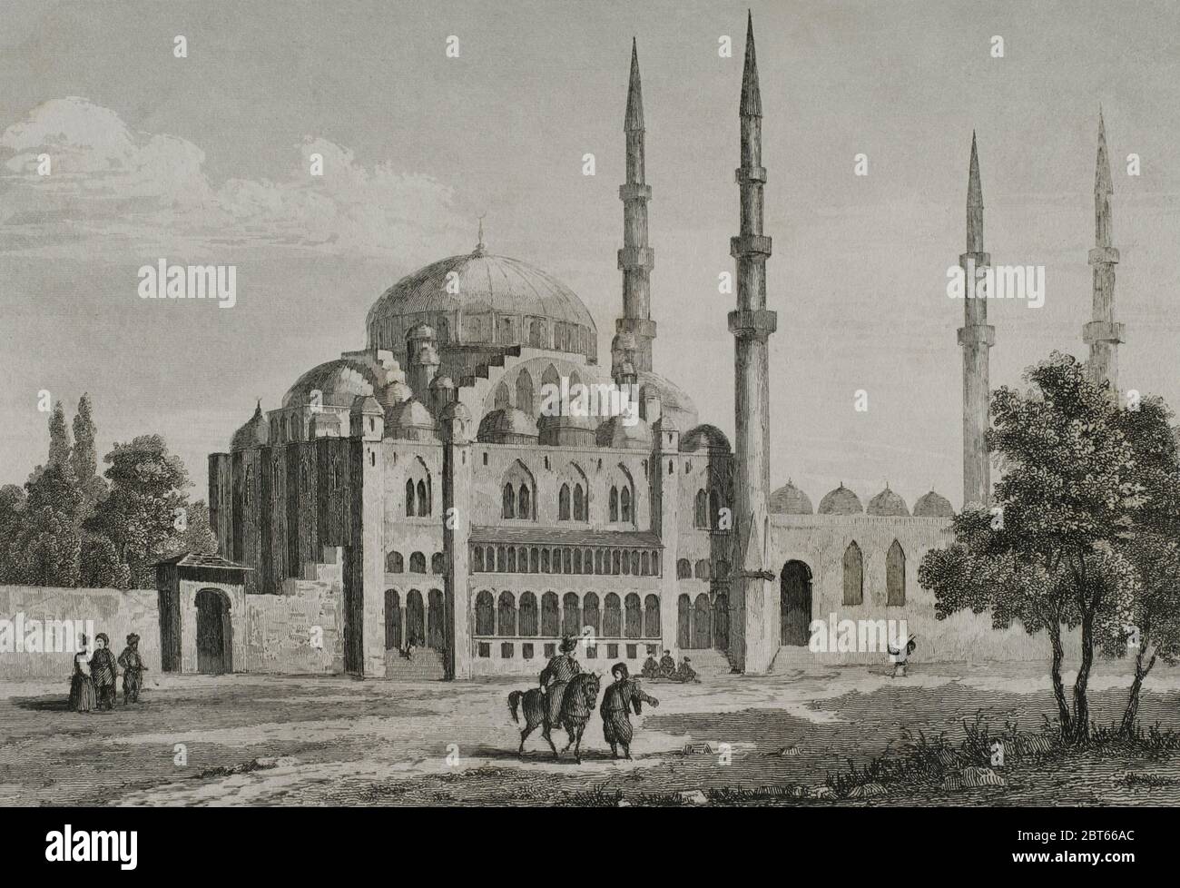 Osmanisches Reich. Türkei. Konstantinopel (heute Istanbul). Die Süleymaniye Moschee (1550-1557). Es wurde von Suleyman dem Prachtvollen beauftragt und vom kaiserlichen Architekten Mimar Sinan entworfen. Gravur von Lemaitre und Arnaut. Historia de Turquia von Joseph Marie Jouannin (1783-1844) und Jules Van Gaver, 1840. Stockfoto
