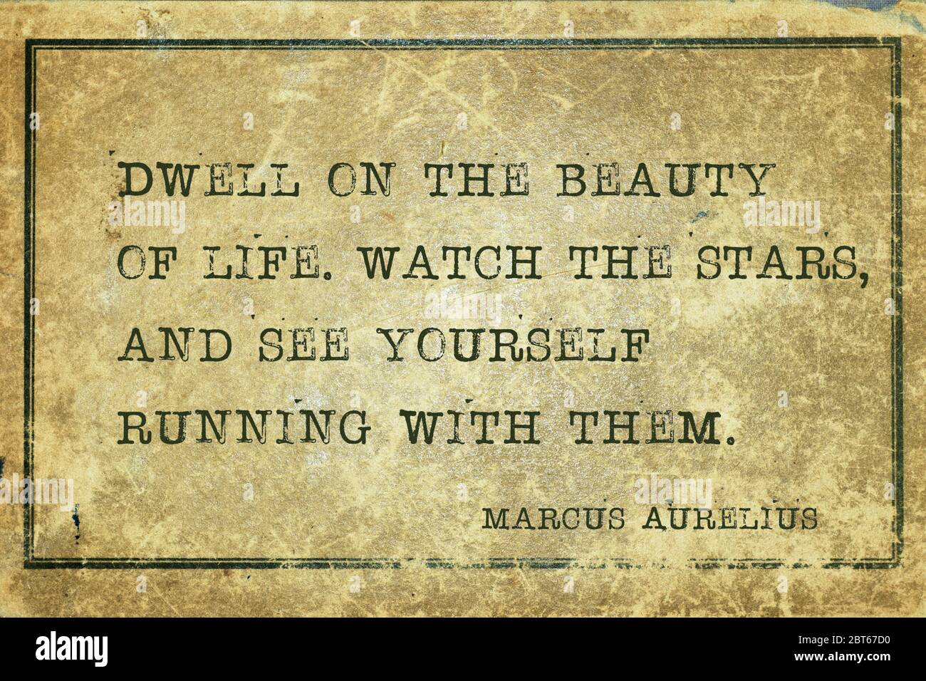 Wohnen Sie in der Schönheit des Lebens - alten römischen Kaiser und Philosoph Marcus Aurelius Zitat auf Grunge Vintage-Karton gedruckt Stockfoto