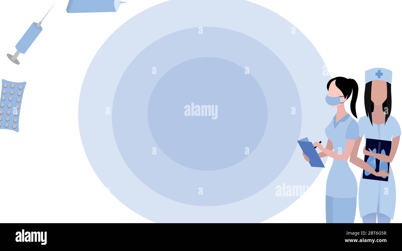 Vector medizinische Visitenkarte. Gestaltung von Postkarten und Bannern. Medizinische Mitarbeiter, ein Arzt und eine Krankenschwester halten Dokumentation und Röntgenaufnahmen in ihren Händen. Stock Vektor