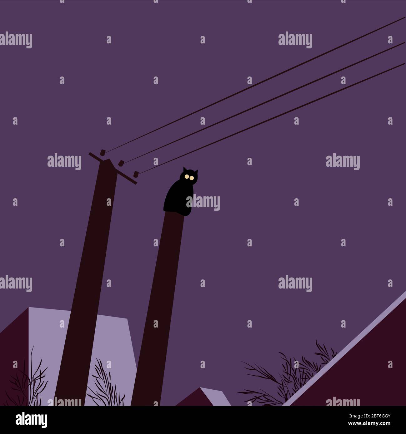 Postkarte mit einer Katze auf dem Hintergrund des Nachthimmels und der Dächer von Häusern. Winterlandschaft. Frohe Halloween. Gute Nacht. Dunkler Hintergrund. Flach Stock Vektor
