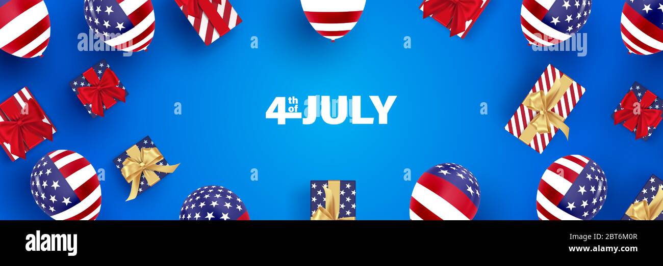 Vektorgrafik 4 des Unabhängigkeitstages vom Juli. Git Box und USA (Vereinigte Staaten von Amerika) Flagge Farbe Ballons Hintergrund Vektor Illustration Stock Vektor