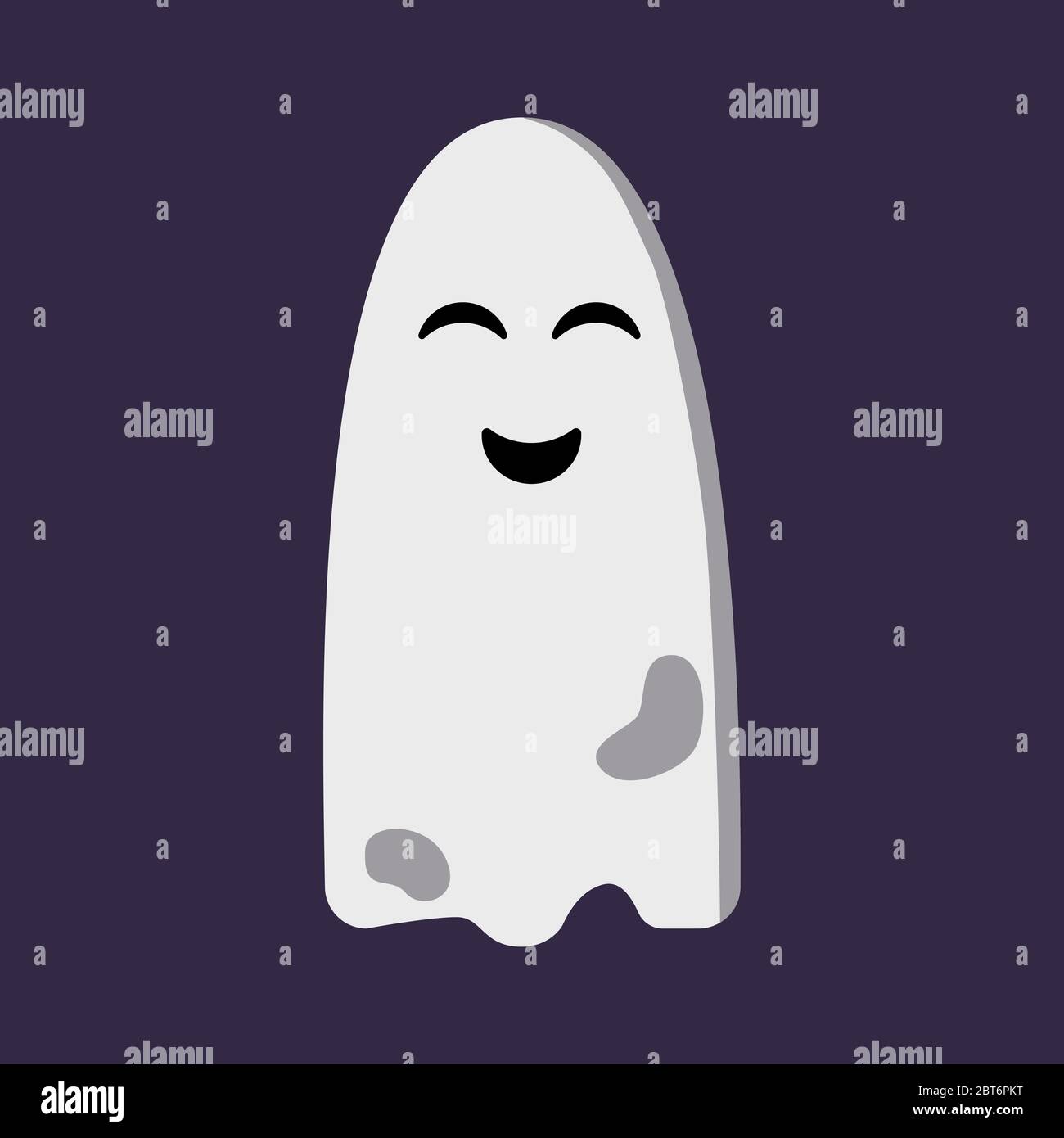 Niedlichen lustigen Geist isoliert auf dunkelvioletten Hintergrund. Halloween Charakter mit lächelndem Gesicht. Leeres weißes Blatt mit Löchern. Element für Poster, Banner Stock Vektor