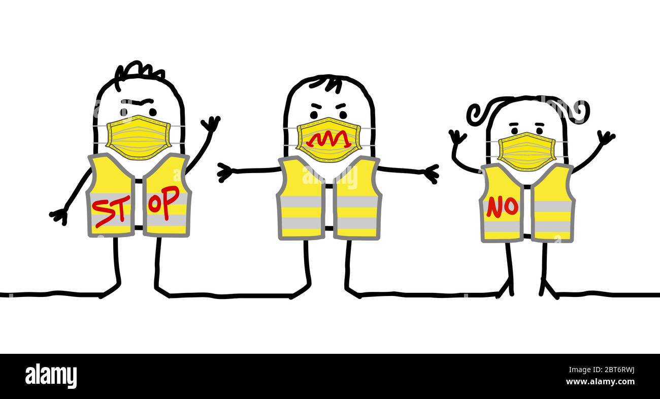 Handgezeichneter Cartoon protestierende Menschen mit gelben Jacken und Schutzmasken Stock Vektor