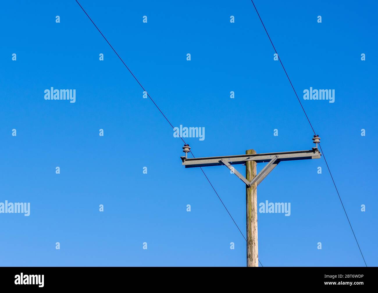 Zwei Stromleitungen auf Isolatoren auf einem hölzernen Telegrafenmast mit blauem Hintergrund Stockfoto