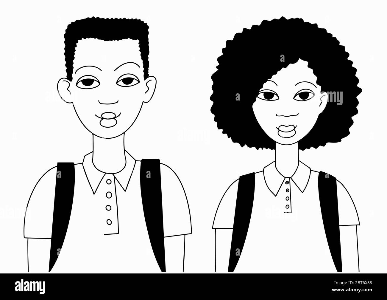 College oder Studenten Black Afro American junge und Mädchen Linie Stil Vektor monochrome Illustration Stock Vektor