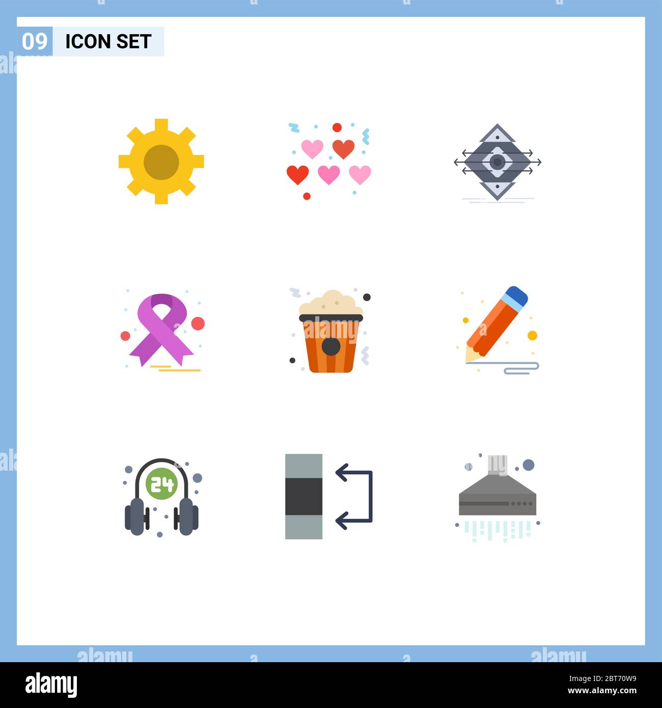 9 Benutzeroberfläche flache Farbpaket mit modernen Zeichen und Symbole für Snack, Popcorn, Bahn, Band, Krebs editierbare Vektor Design-Elemente Stock Vektor