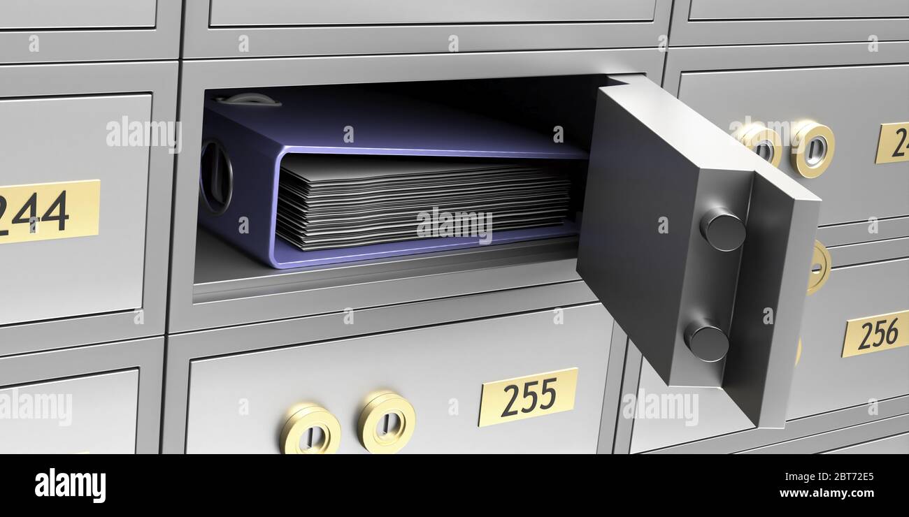 Safe in der Nähe. Büroringbinder in einem offenen Bankschrank aus Metall. Konzept für vertrauliche Geschäftsdateien. 3d-Darstellung Stockfoto