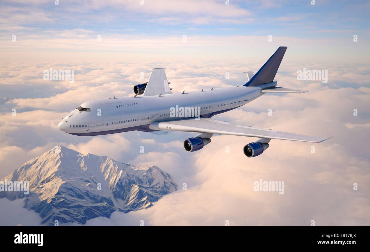 Passagierflugzeug, das über den Wolken fliegt. 3d-Darstellung. Stockfoto