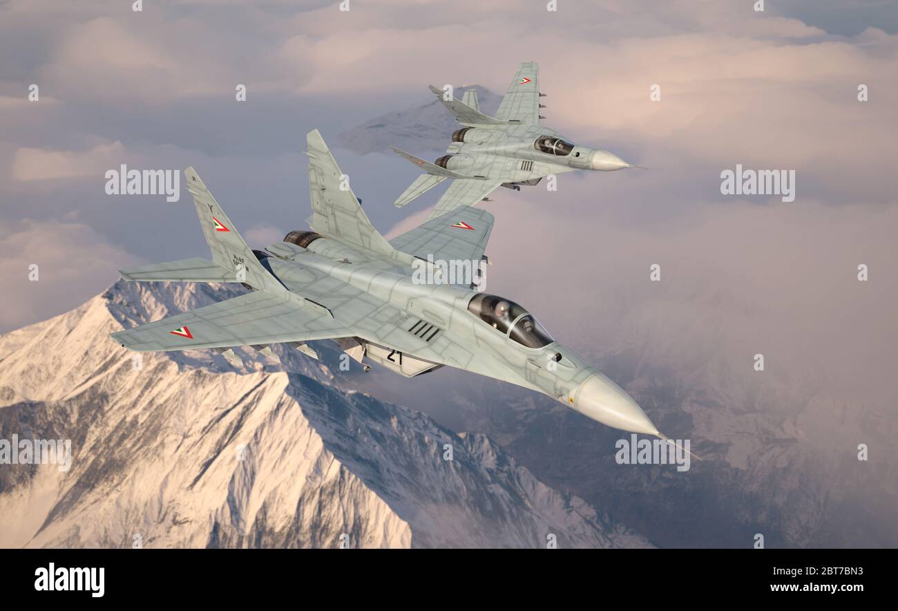 Militärjäger MiG 29, fliegen über den Wolken. Zwei Flugzeuge. 3d-Darstellung. Stockfoto