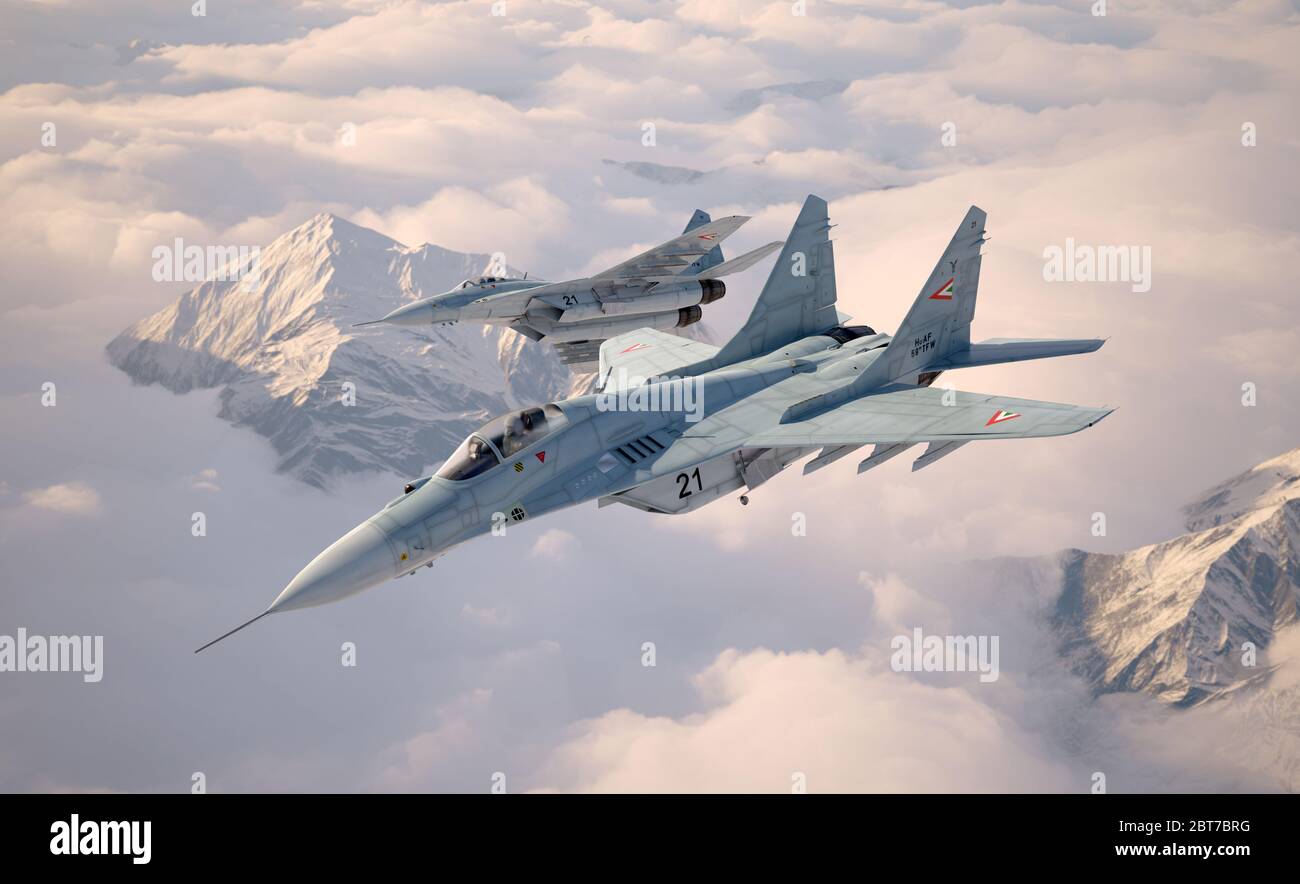 Militärjäger MiG 29, fliegen über den Wolken. Zwei Flugzeuge. 3d-Darstellung. Stockfoto