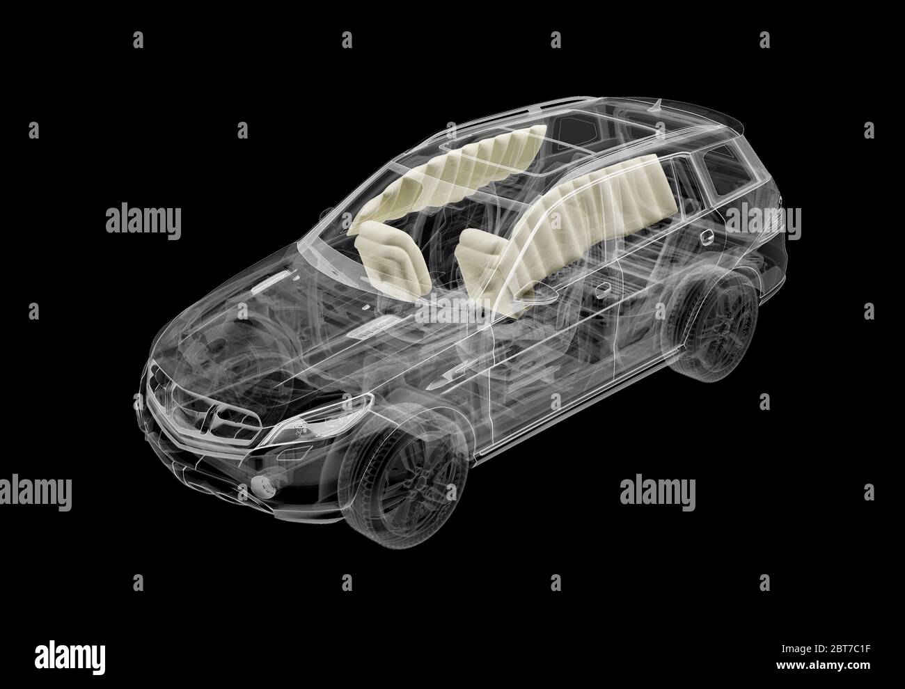 Technische 3d-Darstellung von SUV-Auto mit Röntgeneffekt und Airbags-System. Perspektivische Ansicht auf schwarzem Hintergrund. Stockfoto