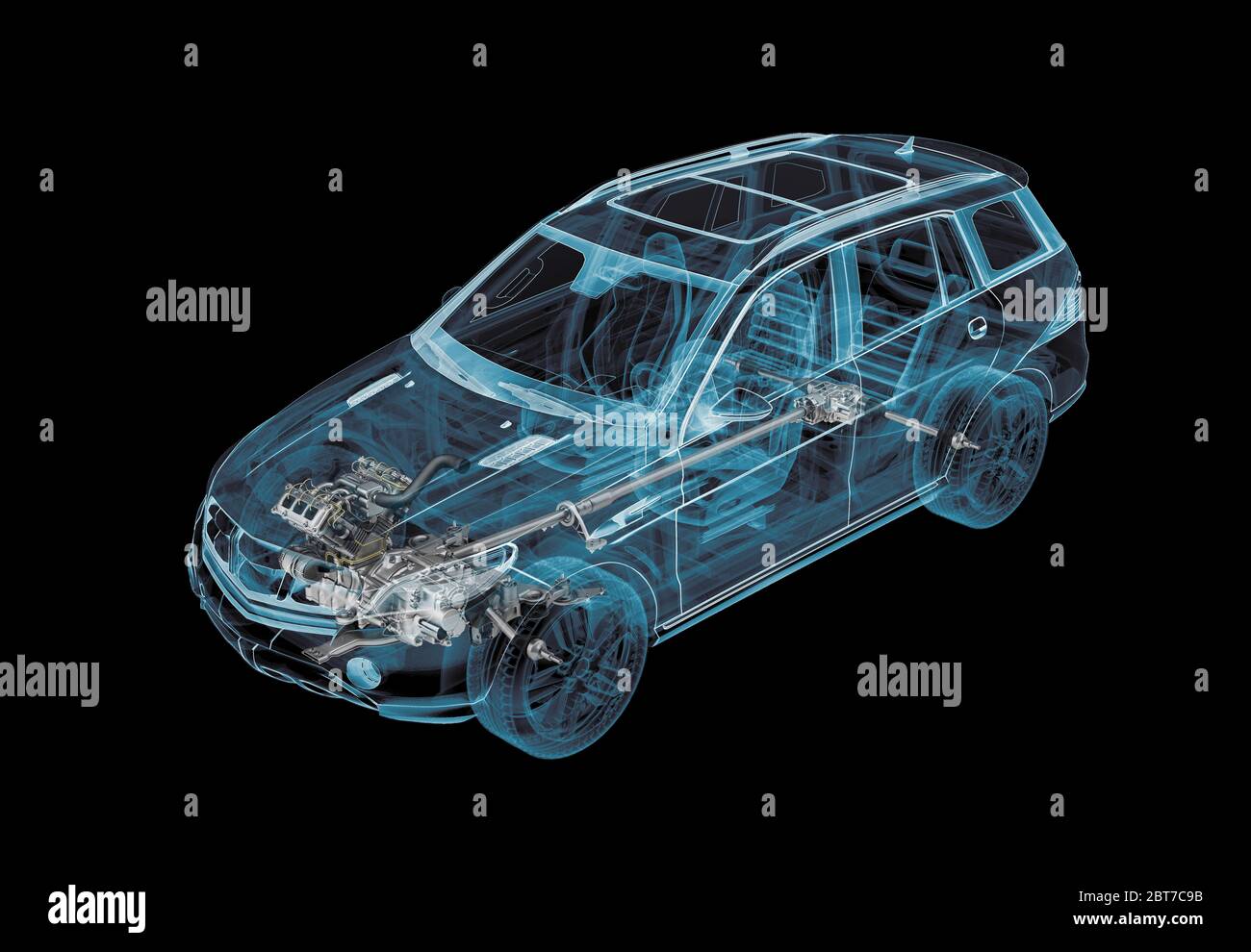 Technische 3d-Darstellung von SUV-Auto mit Röntgeneffekt und Antriebsstrang-System. Perspektivische Ansicht auf schwarzem Hintergrund. Stockfoto
