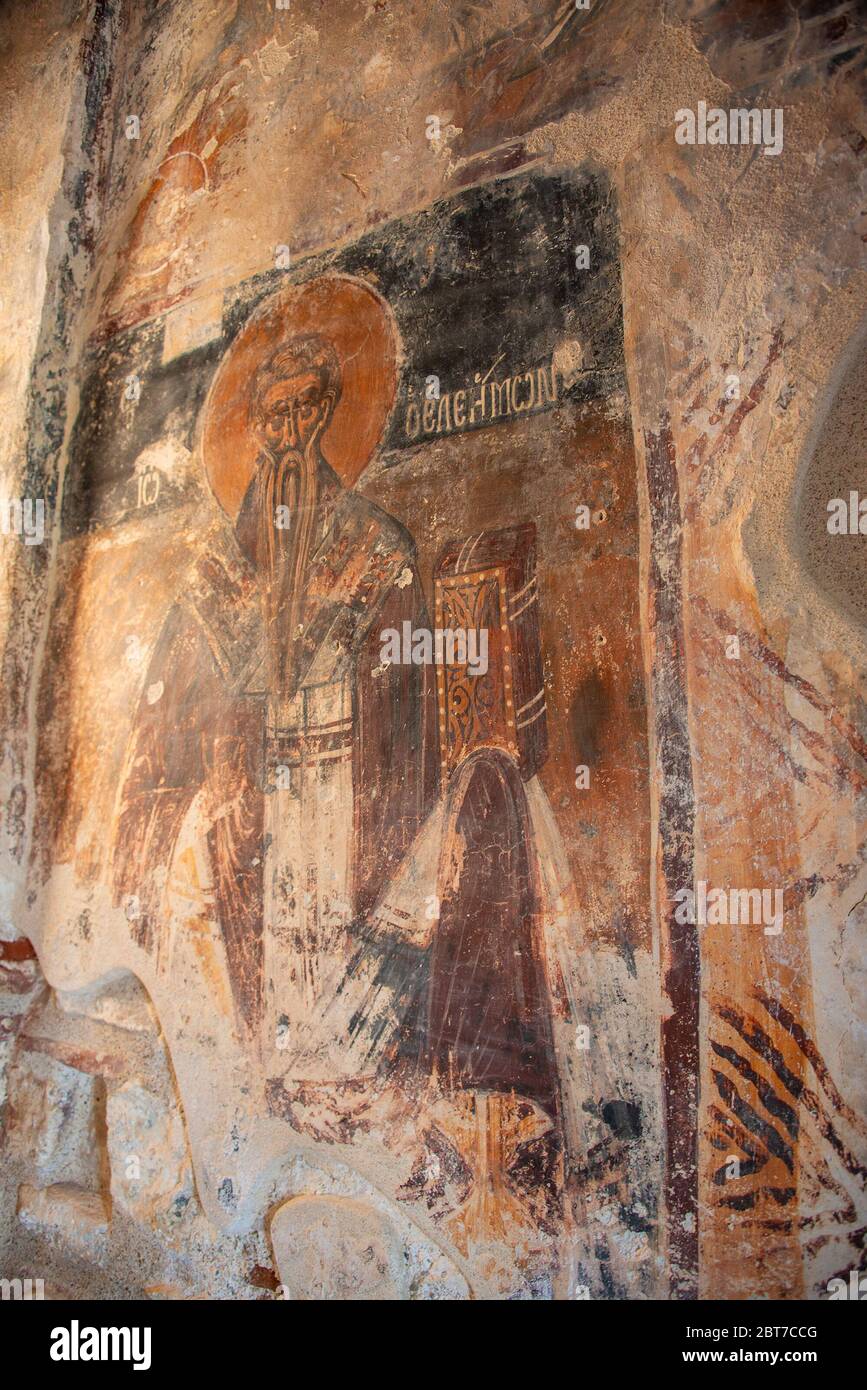 Fresken in der alten Kirche von AG. Metamorphose Sotiras in Nomitsi, Mani Griechenland Stockfoto