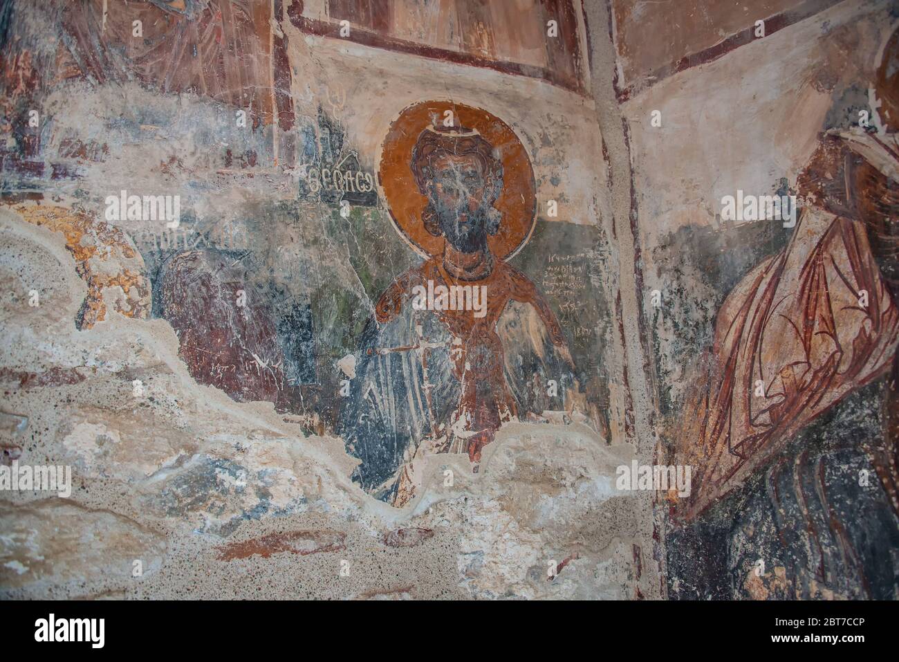 Fresken in der alten Kirche von AG. Metamorphose Sotiras in Nomitsi, Mani Griechenland Stockfoto