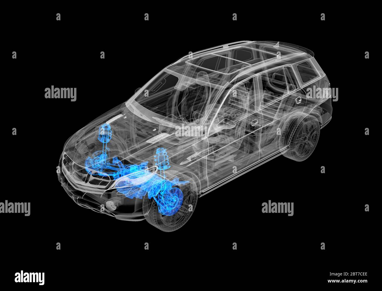 Technische 3d-Darstellung von SUV-Auto mit Röntgeneffekt. Vorderradbremsen und -Aufhängungssysteme. Perspektivische Ansicht auf schwarzem Hintergrund. Stockfoto