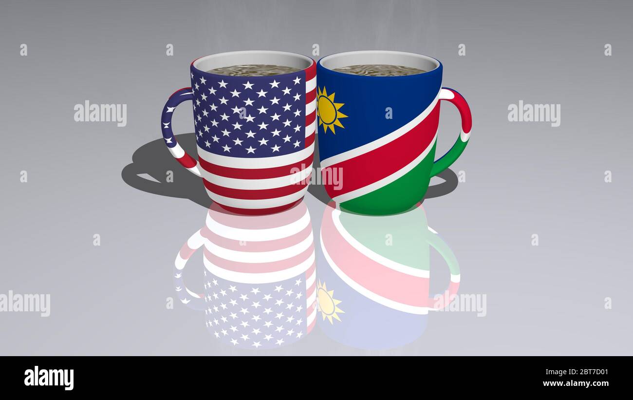 Die Beziehungen zwischen den Vereinigten Staaten von Amerika und Namibia werden durch nationale Flaggen über Kaffeetassen auf dem Spiegelboden als redaktionelle und. 3D-Darstellung Stockfoto