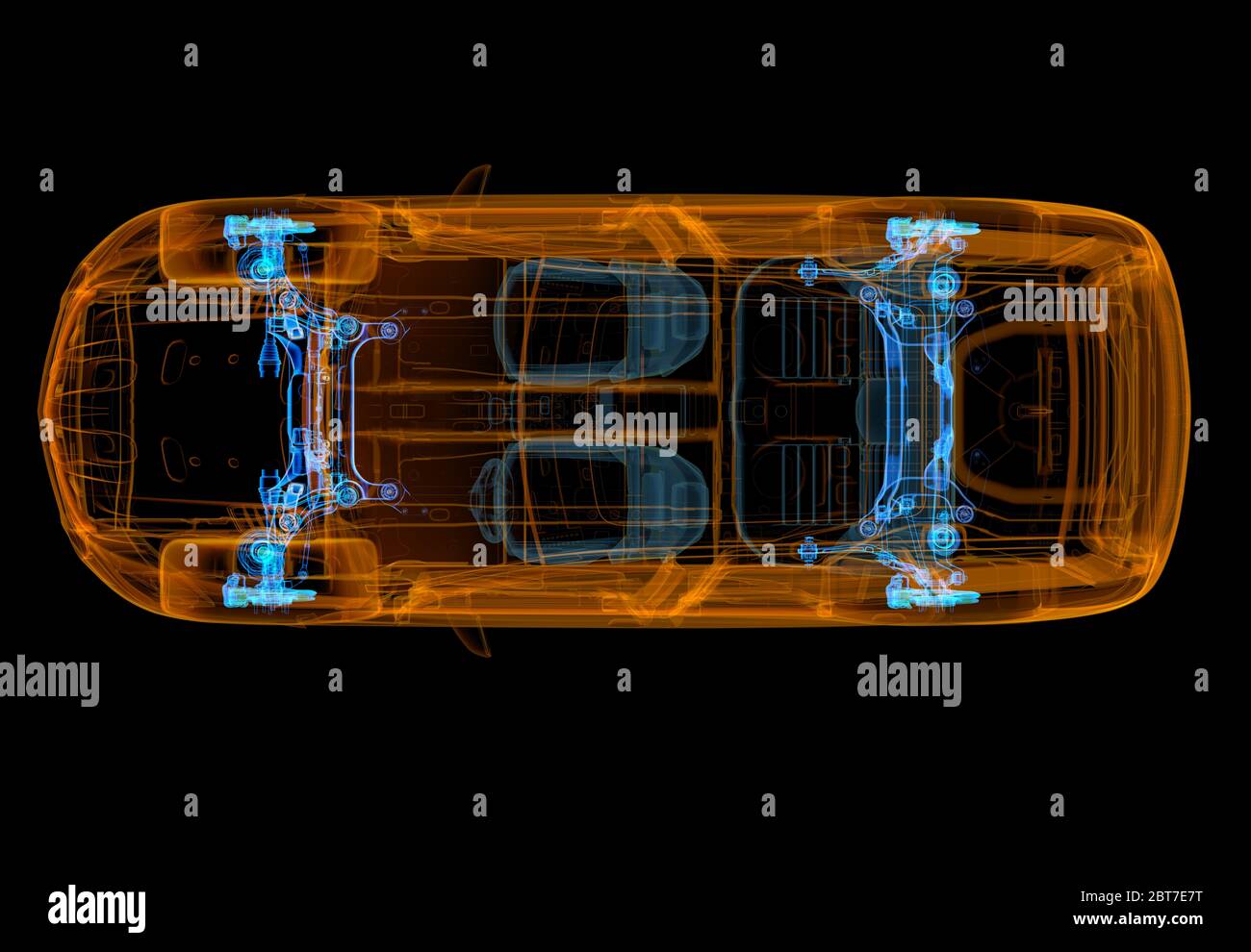 Technische 3d-Darstellung von SUV-Auto mit Röntgeneffekt. Bremsen und Federungssysteme. Draufsicht auf schwarzem Hintergrund. Stockfoto