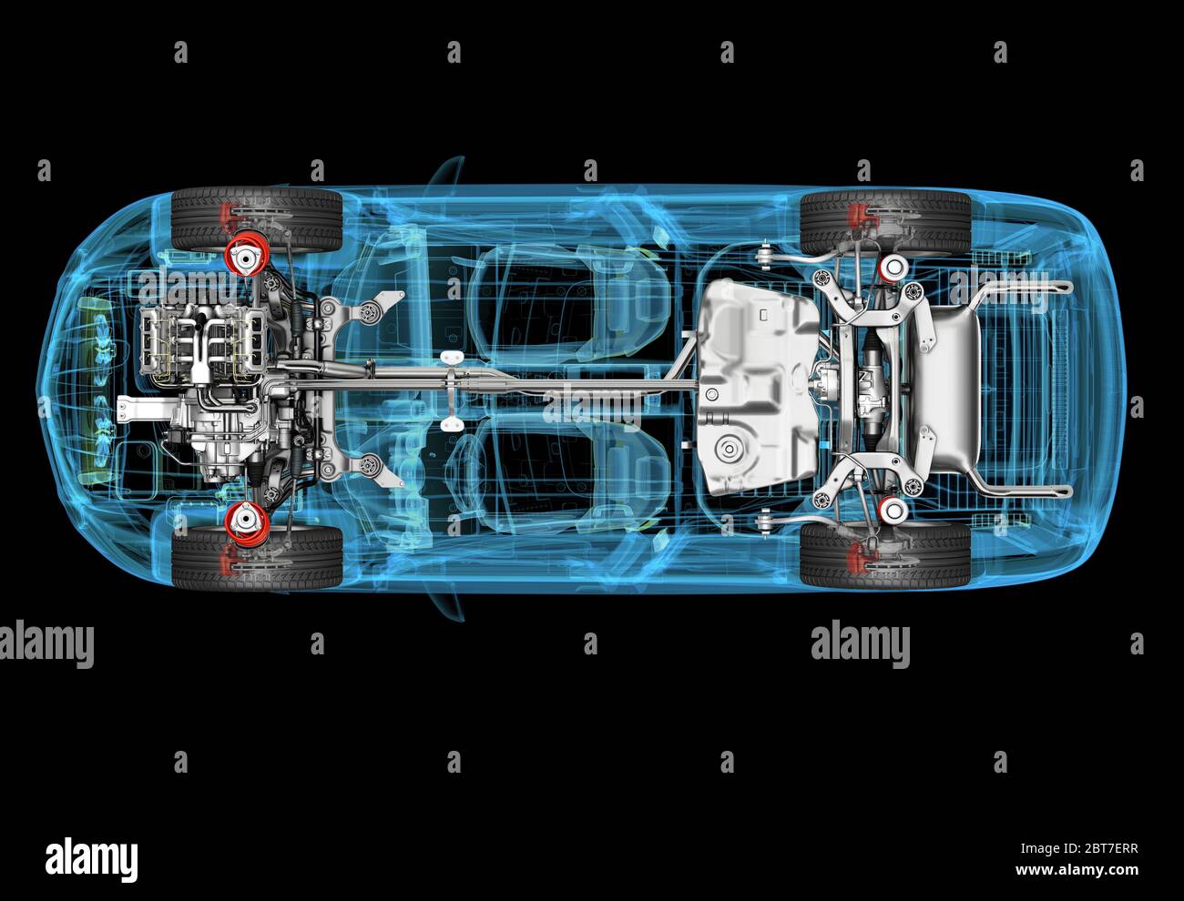 Technische 3d-Darstellung von SUV-Auto mit Röntgeneffekt und Antriebsstrang-System. Draufsicht auf schwarzem Hintergrund. Stockfoto