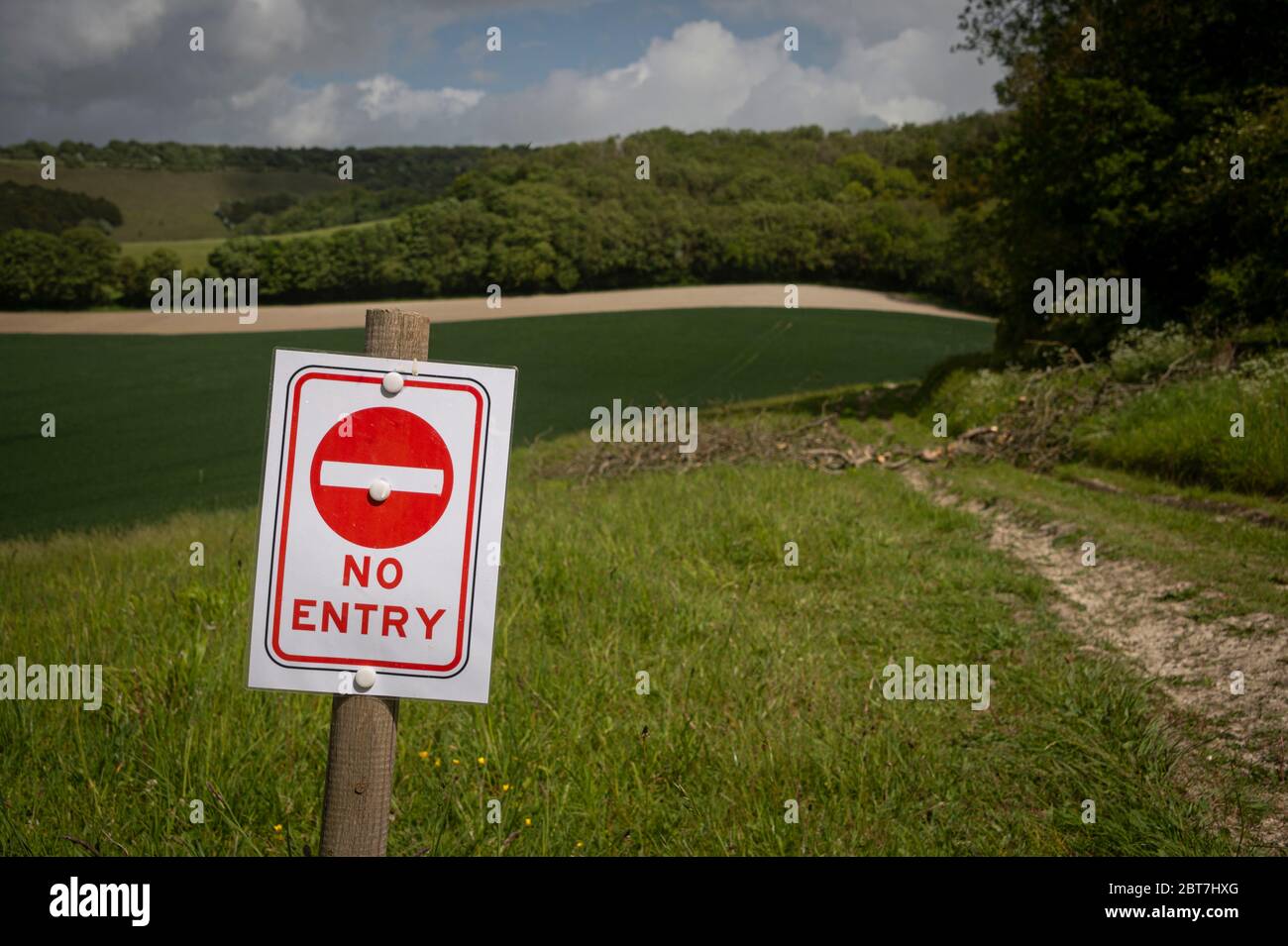 Rotes Schild „No Entry“ durch ein Feld, Landschaftkonzept. Stockfoto