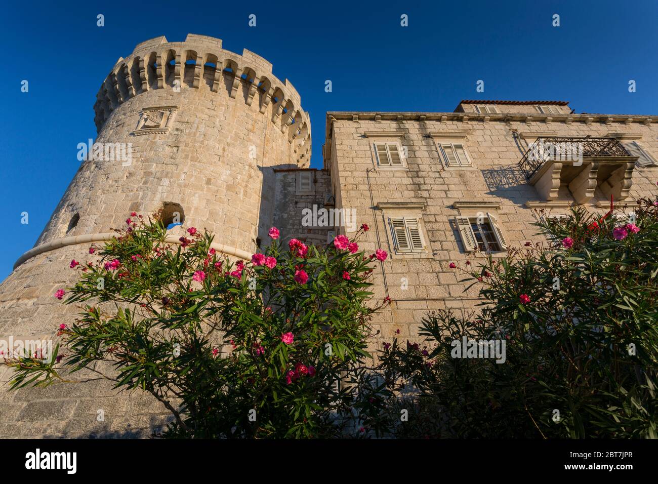 Blick auf Korcula Turm, Korcula Stadt, Korcula, Dalmatien, Kroatien, Europa Stockfoto