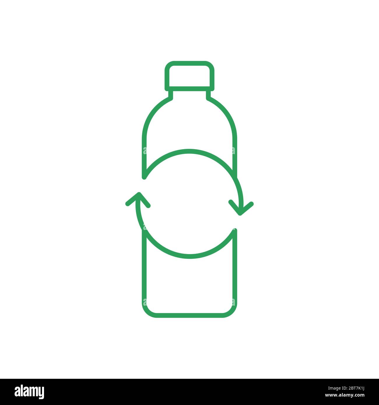Schild für Recycling-Kunststoffflaschen. Leere Flasche mit Kreispfeilen. Symbol für dünne Linie. Grüne Umrandung auf weißem Hintergrund. Bewusstsein für Kunststoffverschmutzung. Vektor Stock Vektor