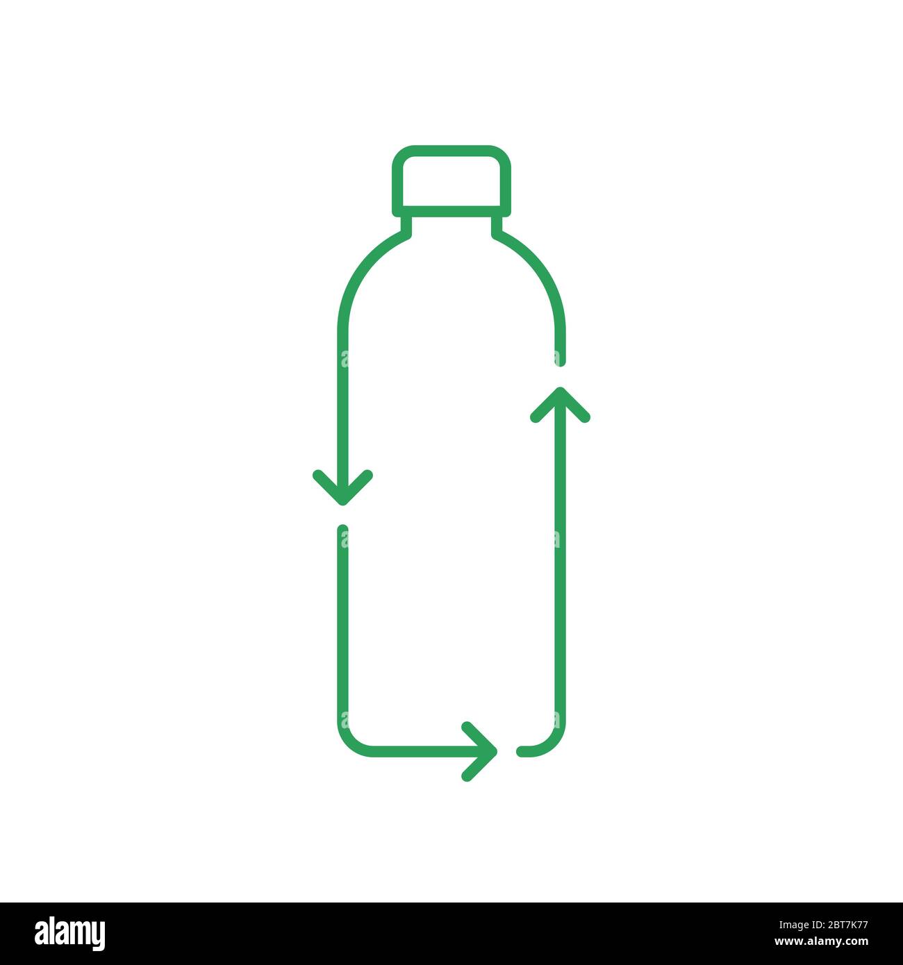 Symbol für die Linie der Flasche recyceln. Kunststoffflasche mit Recycling-Pfeilen. Null Abfall und Nachhaltigkeitskonzept. Kunststoffverschmutzung. Grüne Umrandung auf Weiß Stock Vektor