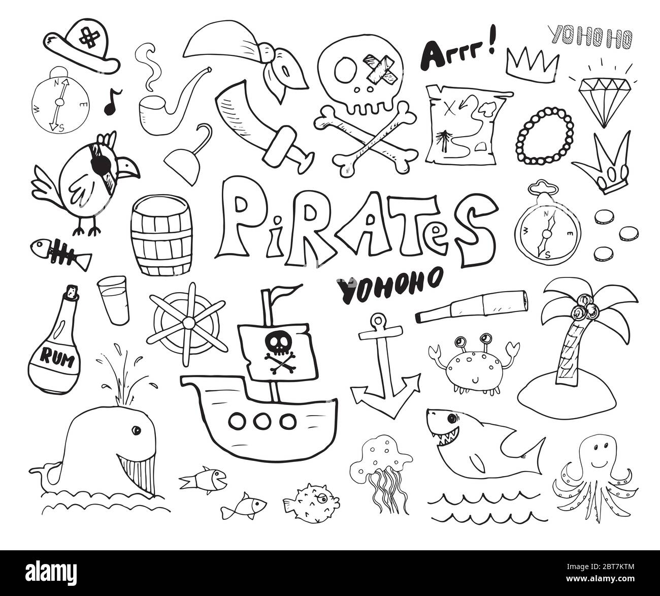 Set Mit Piratenkritzeleien. Niedliche Piraten Artikel Skizze Kollektion. Handgezeichnete Cartoon Vektor-Illustration. Stock Vektor