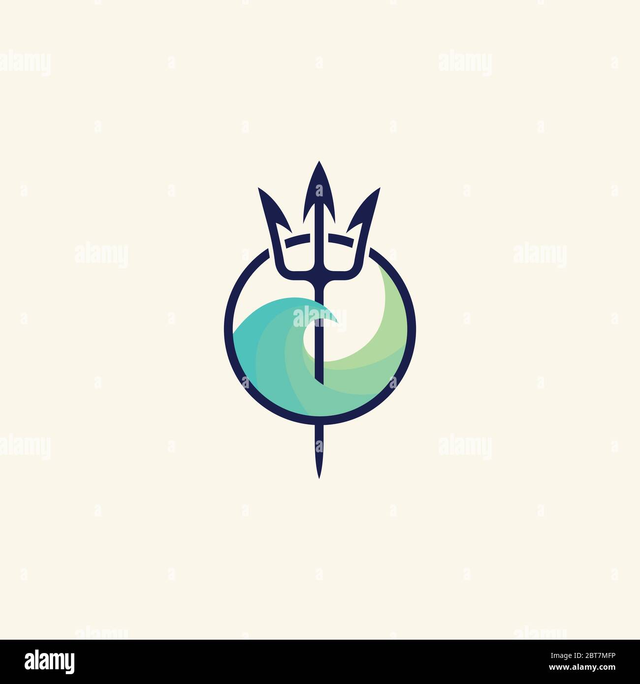 Neptun Dreizack-Logo und Meereswelle. Das Symbol des gottes der Meere ist der Dreizack des Poseidon. Stock Vektor