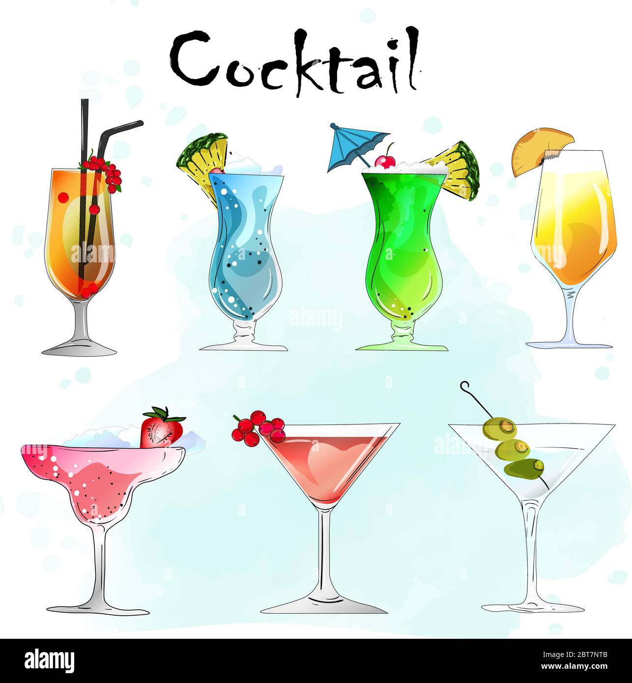 Sammlung von Alkohol-Cocktails und anderen Getränken. Stock Vektor