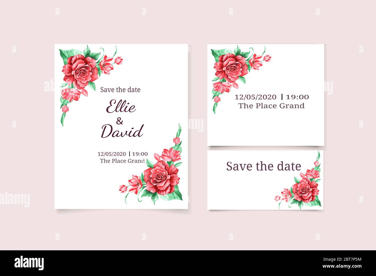 Speichern Sie das Datum Vektor Aquarell Hochzeit Einladungskarte mit schönen roten Rosen Ecken. Vorlage für drei Karten Stock Vektor