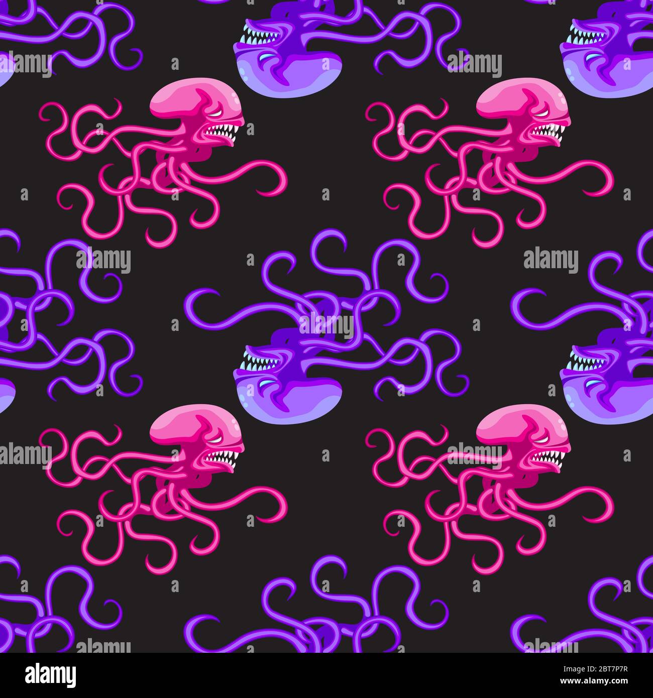 Nahtlose Krake Monster Muster rosa und lila auf schwarzem Hintergrund. Vektorbild Stock Vektor